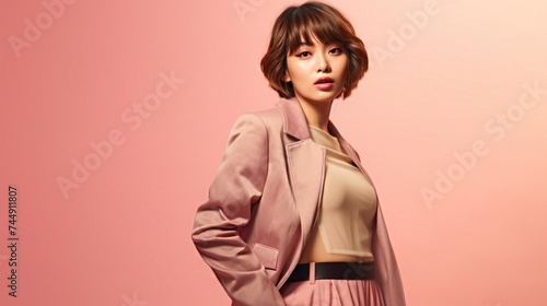 asian woman in business suit with pink background, ai