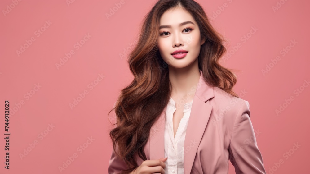 asian woman in business suit with pink background, ai asian woman in business suit with pink background, ai