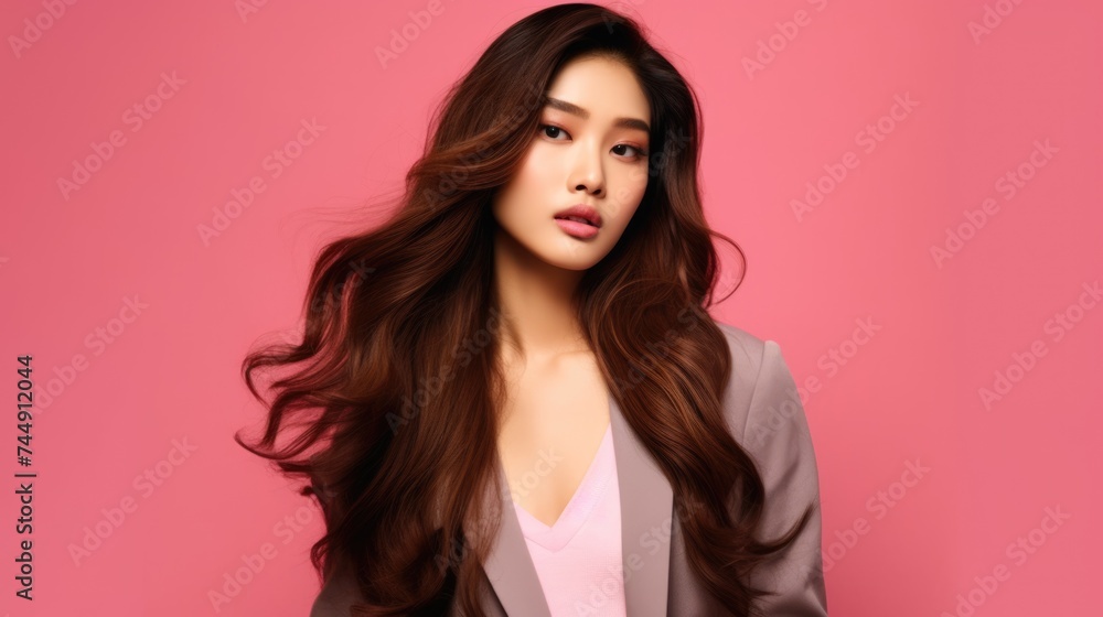 Fototapeta premium asian woman in business suit with pink background, ai
