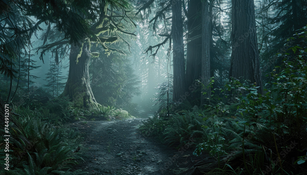 Fototapeta premium Photo of a pacific northwest forrest on a rainy day, foggy and mystic mountain forrest, gloomy dark forest during a foggy day, North Vancouver, British Columbia, Canada, European forrest