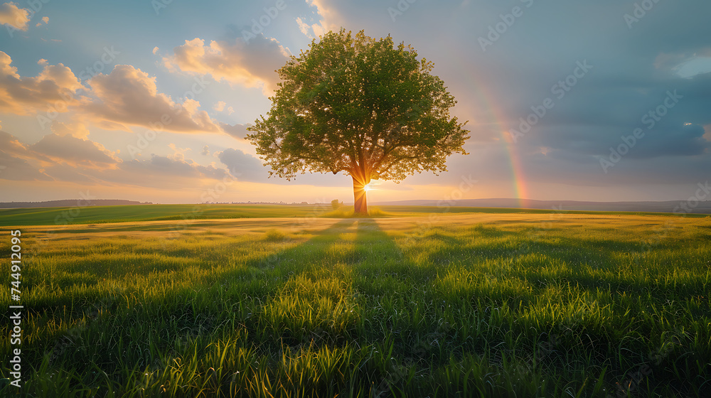 Um cenário de esperança e renovação árvore solitária campo verde sol dourado arcoíris ao longe - obrazy, fototapety, plakaty 