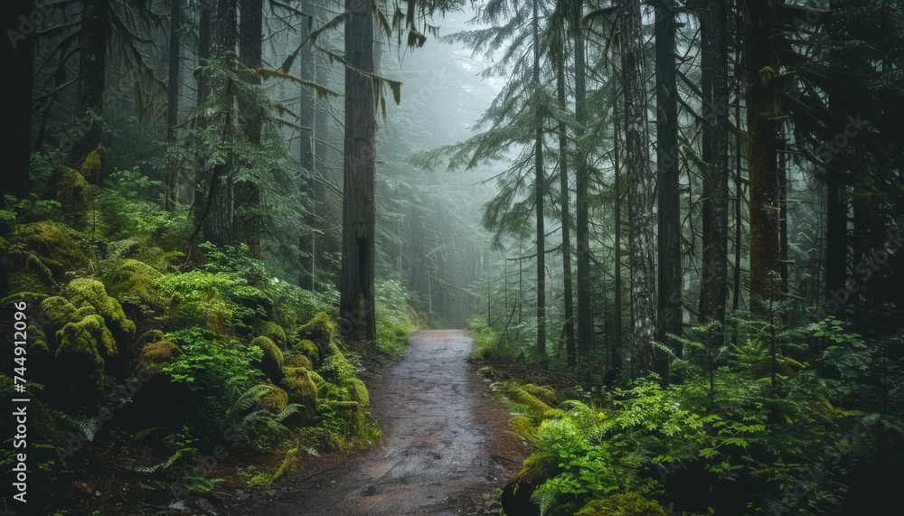 Obraz premium Photo of a pacific northwest forrest on a rainy day, foggy and mystic mountain forrest, gloomy dark forest during a foggy day, North Vancouver, British Columbia, Canada, European forrest