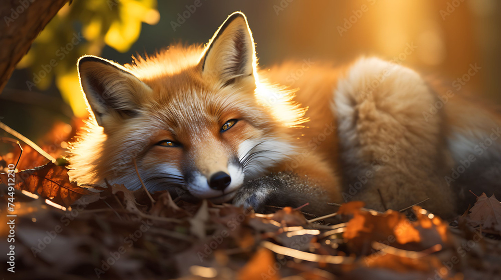 A fox curled up in a patch of sunlight.