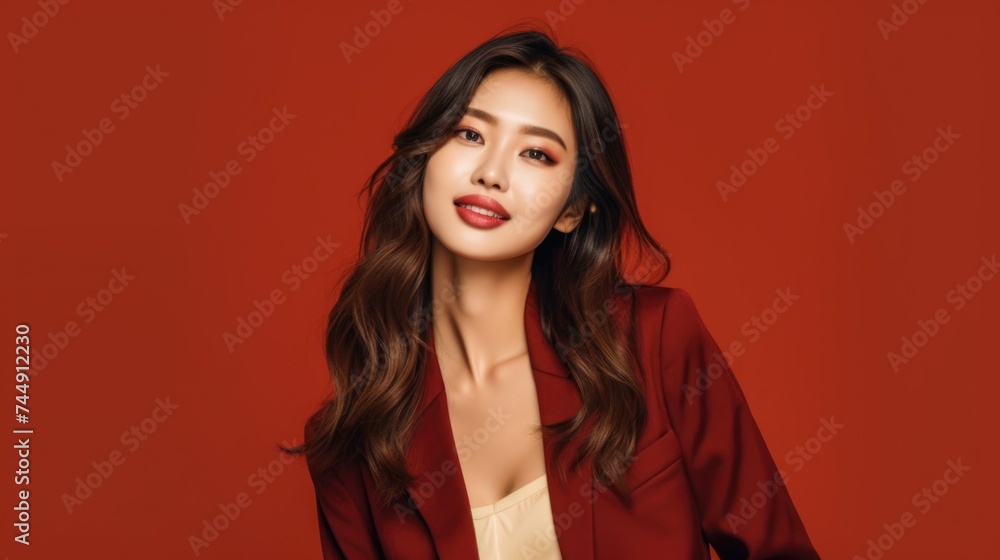 asian woman in business suit with red background, ai asian woman in business suit with red background, ai