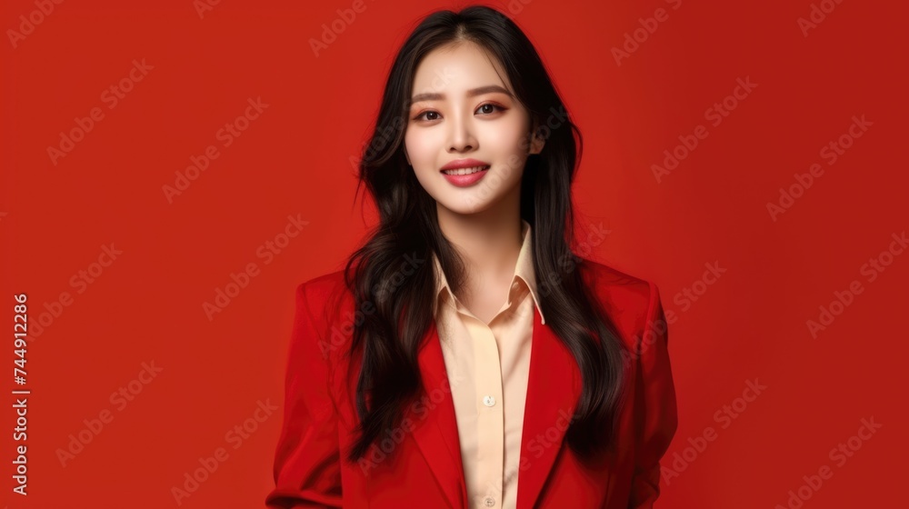 asian woman in business suit with red background, ai asian woman in business suit with red background, ai
