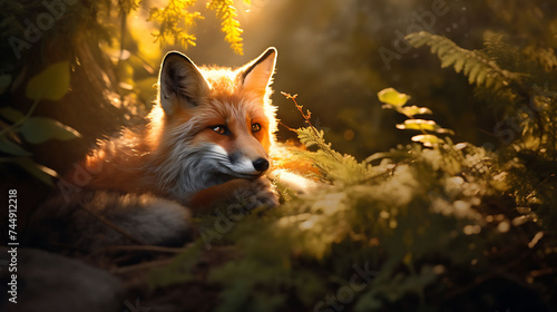 A fox curled up in a patch of sunlight.