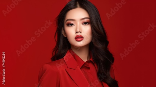 asian woman in business suit with red background, ai © Rachel Yee Laam Lai
