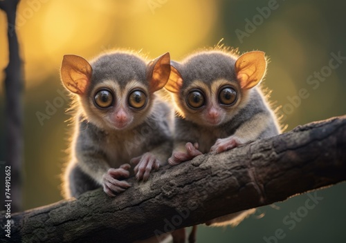 Two small animals sitting on a branch. Generative AI. © serg3d