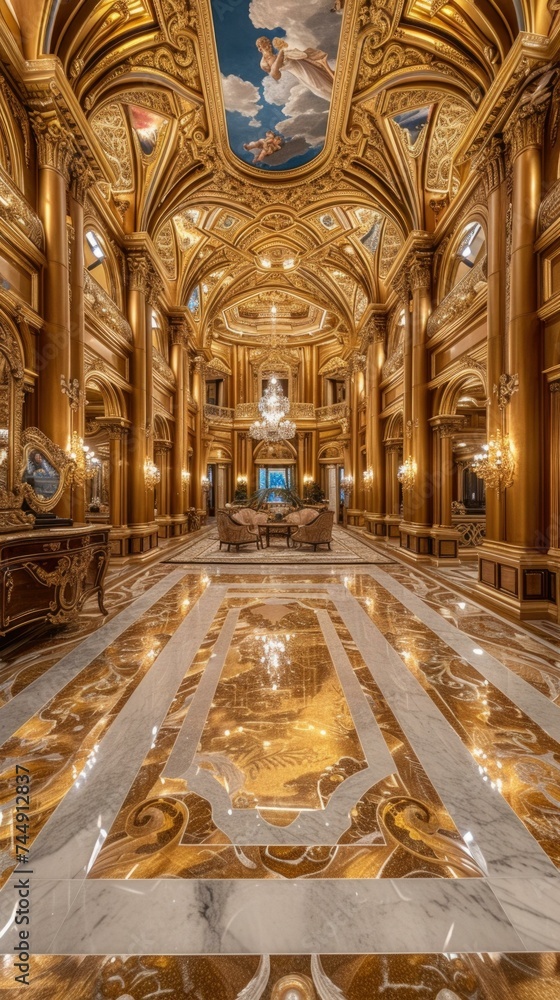 A luxurious ballroom with golden-trimmed marble floors, ornate furnishings, and gilded accents. Generative AI.
