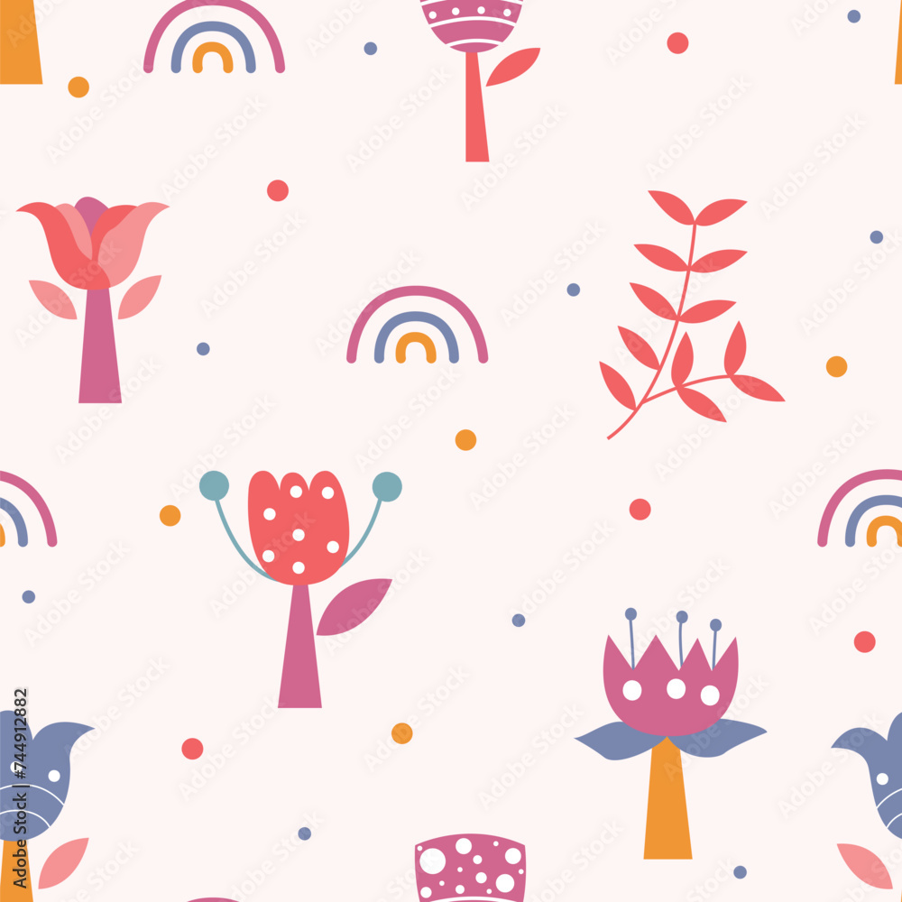 Seamless pattern of cute cartoon floral illustration