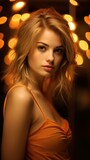 Beautiful blonde woman in orange dress. Generative AI.