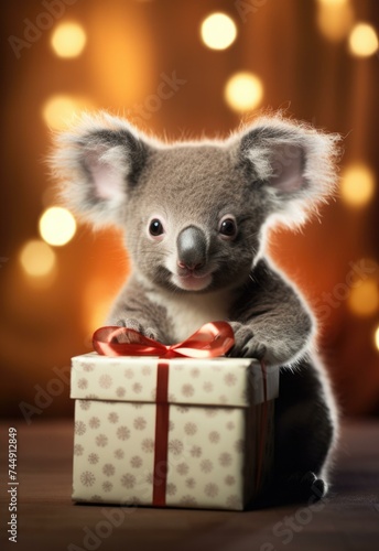A cute koala bear holding a gift box. Generative AI.