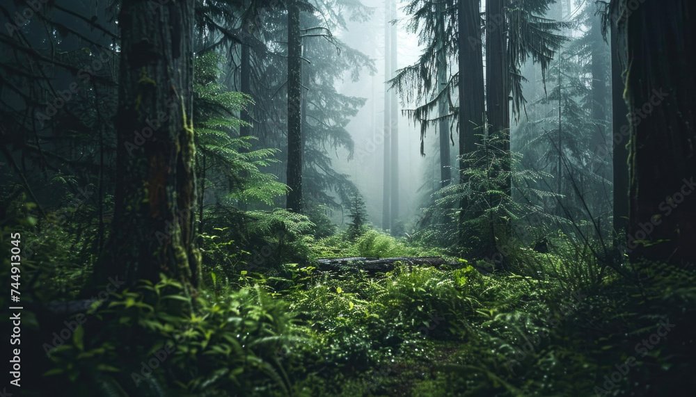 Obraz premium Photo of a pacific northwest forrest on a rainy day, foggy and mystic mountain forrest, gloomy dark forest during a foggy day, North Vancouver, British Columbia, Canada, European forrest