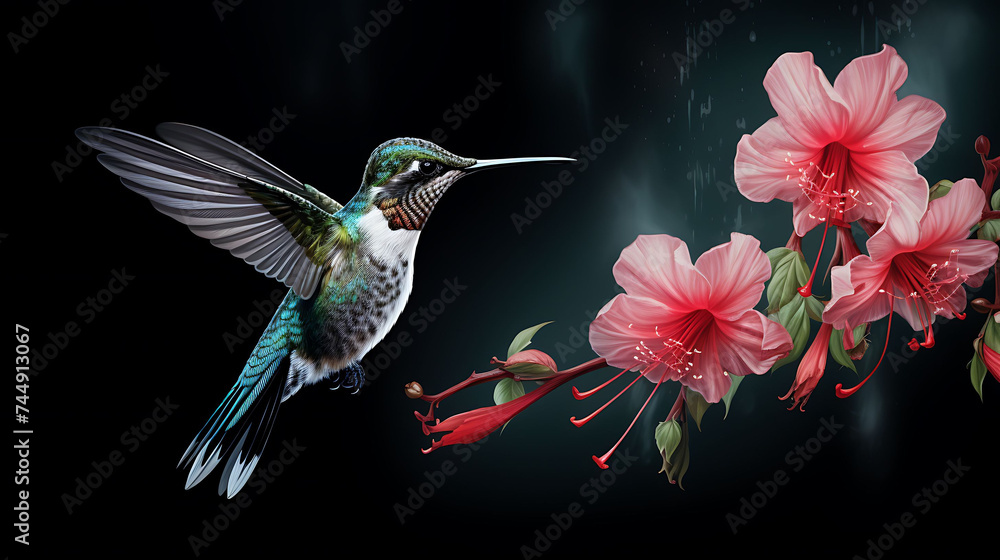 A hummingbird sipping nectar from a flower. - obrazy, fototapety, plakaty 