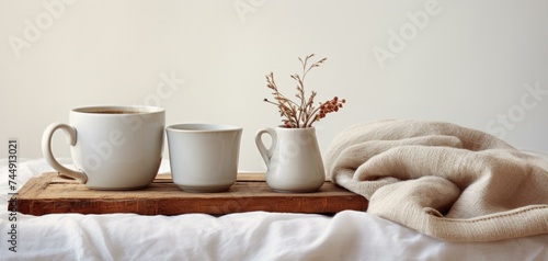 Three white mugs sit on a wooden tray. Generative AI.