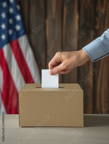 A person placing a vote in a box with an American flag in the background. Generative AI.