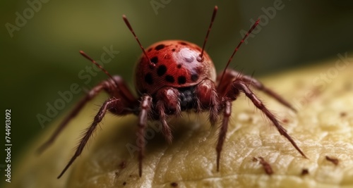 Close-up of a vibrant red ladybug with black spots on a leaf photo