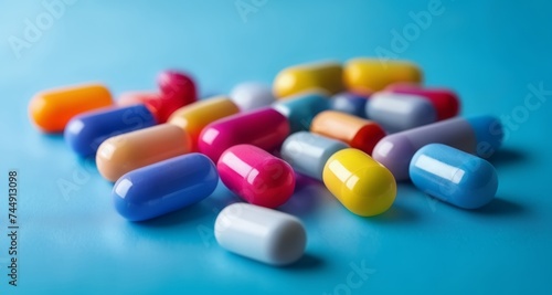  Colorful pill capsules on a blue background