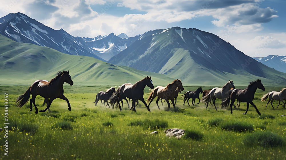A mountain meadow filled with wild horses. - obrazy, fototapety, plakaty 