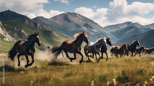 A mountain meadow filled with wild horses. © Muhammad