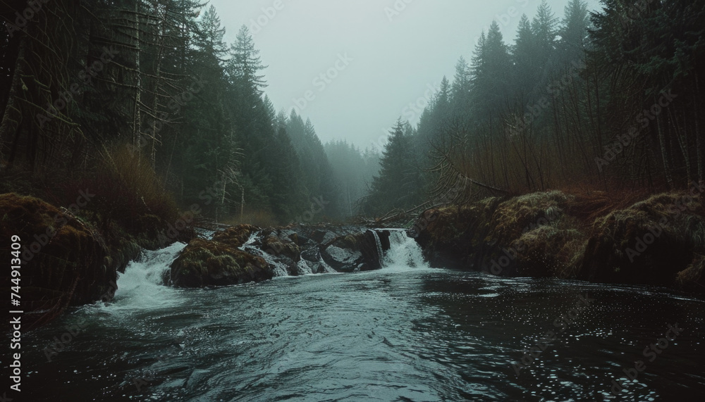 Photo of a pacific northwest forrest on a rainy day, foggy and mystic mountain forrest, gloomy dark forest during a foggy day, North Vancouver, British Columbia, Canada, European forrest - obrazy, fototapety, plakaty 