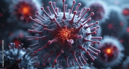  Viral threat - A microscopic view of a virus with a glowing core