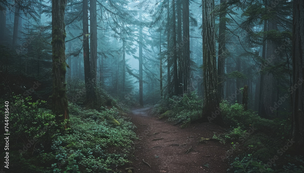 Fototapeta premium Photo of a pacific northwest forrest on a rainy day, foggy and mystic mountain forrest, gloomy dark forest during a foggy day, North Vancouver, British Columbia, Canada, European forrest
