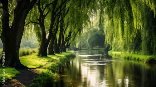 A peaceful row of willow trees by a river. © Muhammad