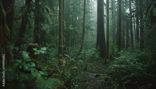 Photo of a pacific northwest forrest on a rainy day  foggy and mystic mountain forrest  gloomy dark forest during a foggy day  North Vancouver  British Columbia  Canada  European forrest