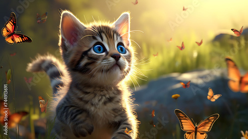 A playful kitten chasing butterflies.