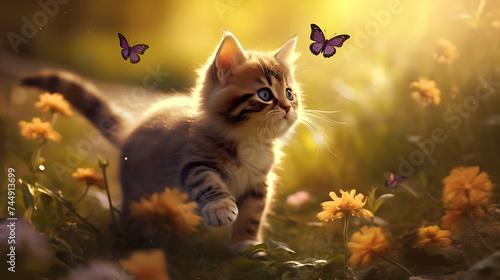 A playful kitten chasing butterflies.