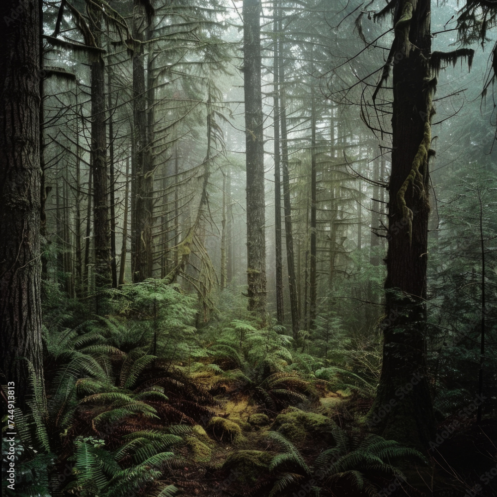 Obraz premium Photo of a pacific northwest forrest on a rainy day, foggy and mystic mountain forrest, gloomy dark forest during a foggy day, North Vancouver, British Columbia, Canada, European forrest