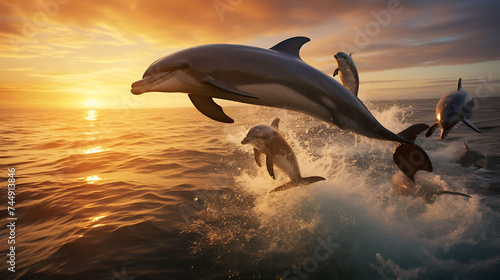 A pod of dolphins leaping in the ocean.