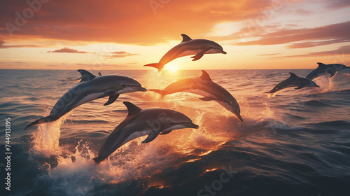 A pod of dolphins leaping in the ocean.