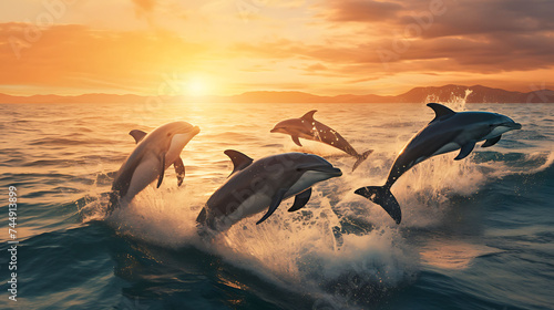 A pod of dolphins leaping in the ocean. © Muhammad