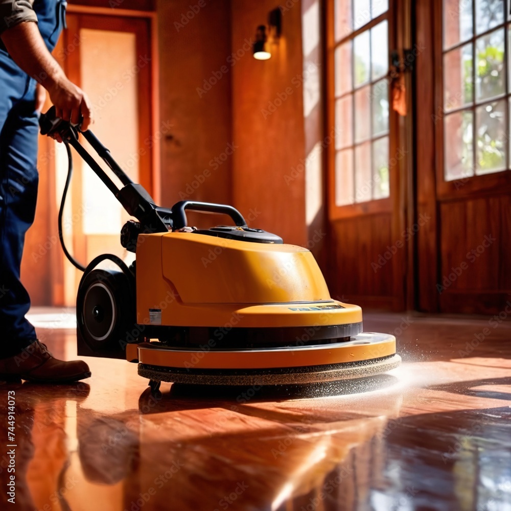 Worker polishing floor with polishing machine, maintenance janitorial work on building