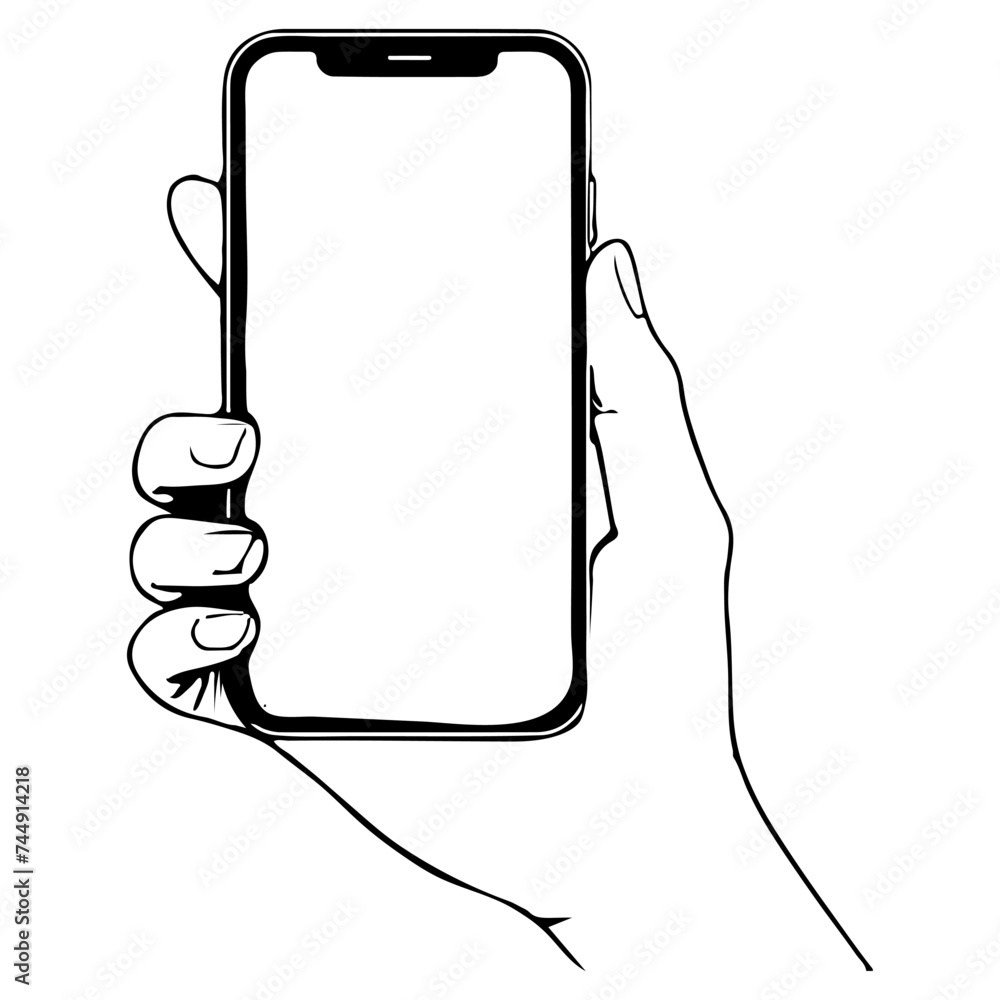 Fototapeta premium Close up hand holding modern smart phone mockup. Continuous black single lines drawing art icon. Finger touching blank screen transparent background vector