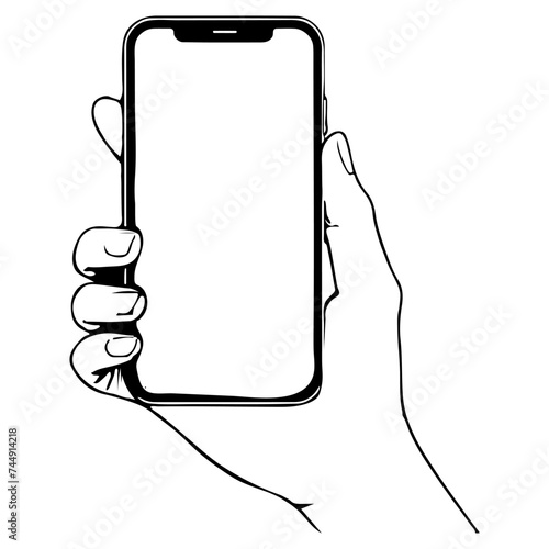 Close up hand holding modern smart phone mockup. Continuous black single lines drawing art icon. Finger touching blank screen transparent background vector