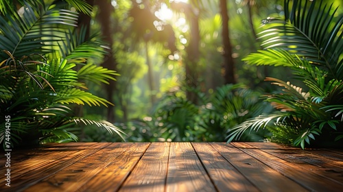 Wooden counter stands on empty table in outdoor tropical forest. Blurred green plant background With an organic product area Presenting easel displays in nature spring and summer concept