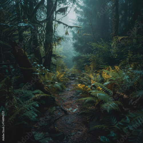 Photo of a pacific northwest forrest on a rainy day, foggy and mystic mountain forrest, gloomy dark forest during a foggy day, North Vancouver, British Columbia, Canada, European forrest