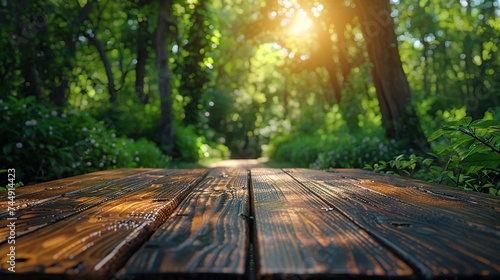 Wooden counter stands on empty table in outdoor tropical forest. Blurred green plant background With an organic product area Presenting easel displays in nature spring and summer concept