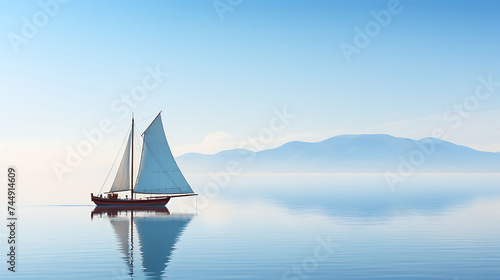 A sailboat on a tranquil blue ocean.