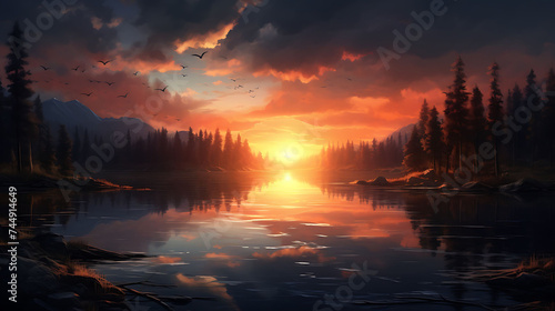 A serene sunset over a calm lake.