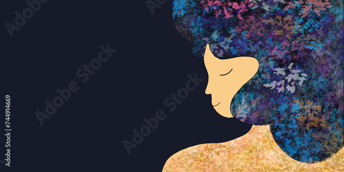 Foto fondo  de 8 de marzo, dia internacional de la mujer,  mujer, cabello floral, azu