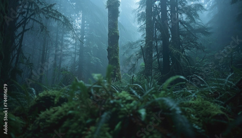 Photo of a pacific northwest forrest on a rainy day, foggy and mystic mountain forrest, gloomy dark forest during a foggy day, North Vancouver, British Columbia, Canada, European forrest © Thomas Parker