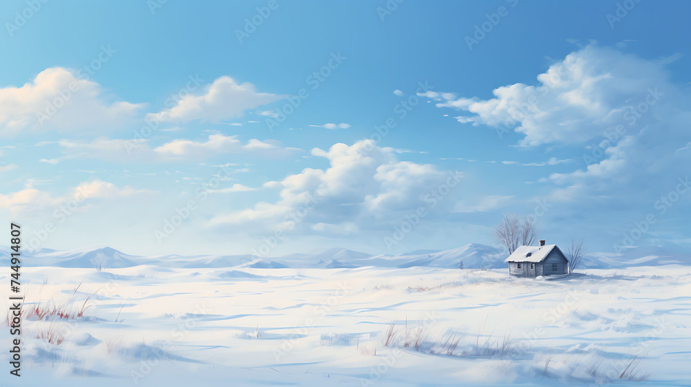 A snowy landscape with a solitary cabin.