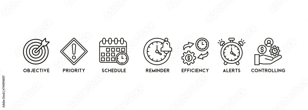 Time management banner web icon vector illustration concept with icon of objective, priority, schedule, reminder, efficiency, alerts, and controlling - obrazy, fototapety, plakaty 