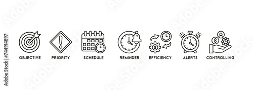 Time management banner web icon vector illustration concept with icon of objective, priority, schedule, reminder, efficiency, alerts, and controlling photo