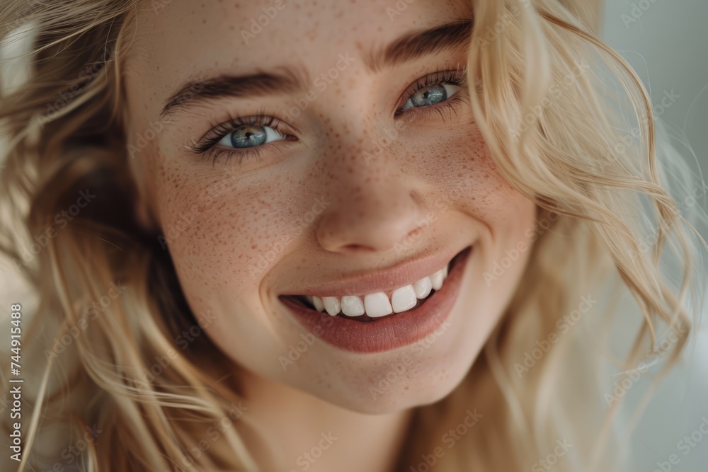Close-up of beautiful happy young woman with freckles on her face looking at camera against gray background. AI Generated Close-up of beautiful happy young woman with freckles on her face looking at camera against gray background. AI Generated