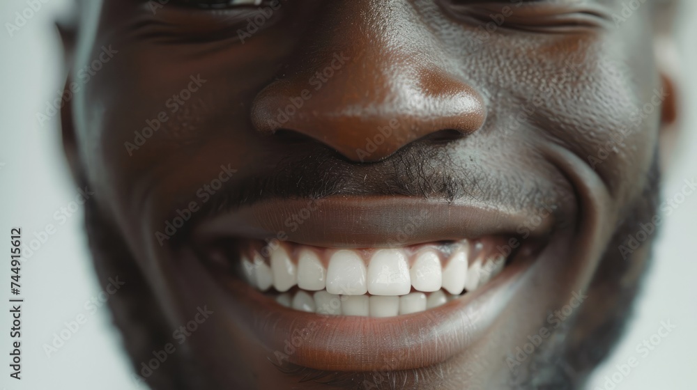Close up of beaming orthodontic white wide male smile. African American man with healthy straight clean teeth isolated on grey background, tooth healthcare whitening dentistry concept. AI Generated Close up of beaming orthodontic white wide male smile. African American man with healthy straight clean teeth isolated on grey background, tooth healthcare whitening dentistry concept. AI Generated